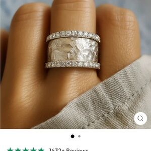 Hammered Silver Wide Band Ring with Pavé Edge Accents - Silver